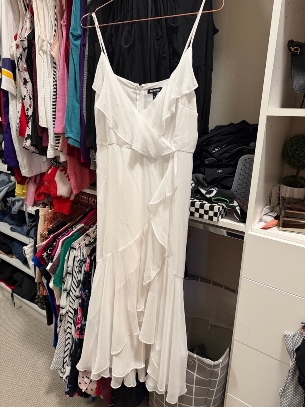 Express White Ruffled Spaghetti Strap Maxi Dress